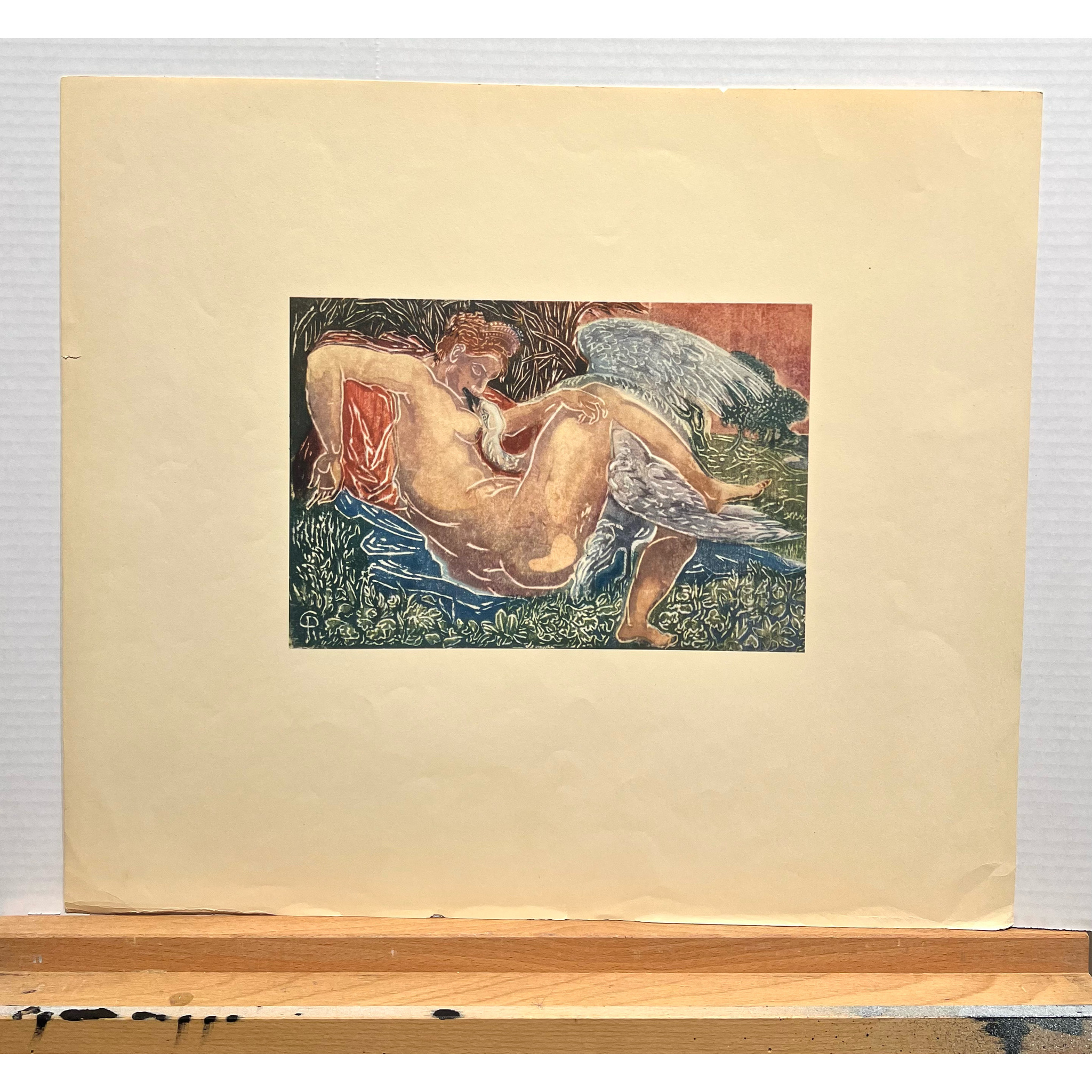 "Leda med svanen" Konsttryck efter träsnitt av Carl Palme. 42x48 cm