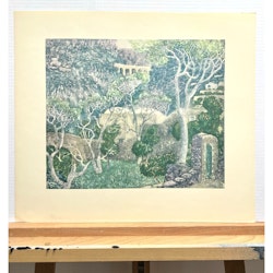 "Vårlandskap" Konsttryck efter träsnitt av Carl Palme. 42x48 cm