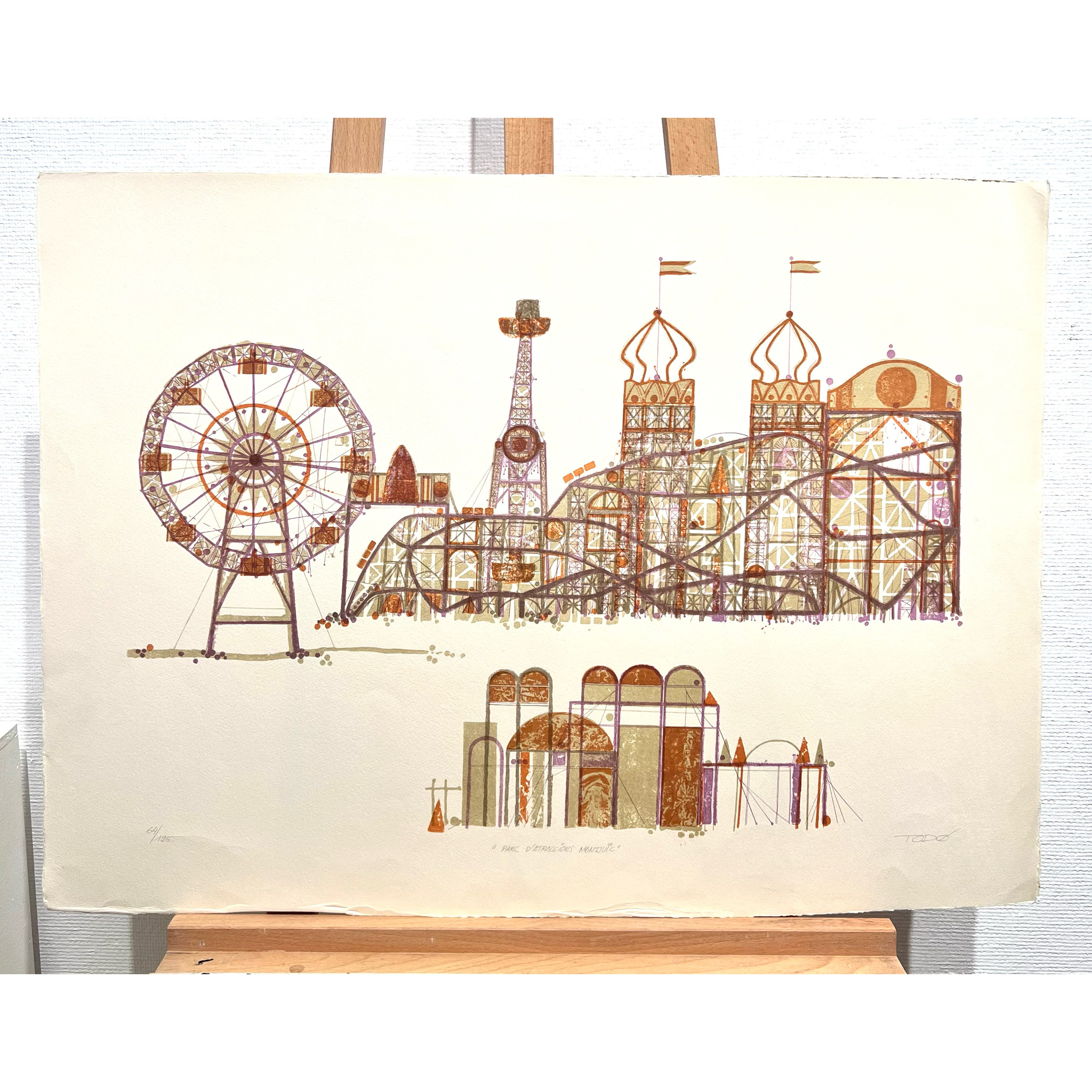 "Parc D´atraccions Montjuic" Färglitografi av Francisco Todo Garcia. 78x57 cm