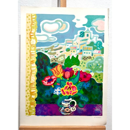 "Blomvas" Litografi av Guy Charon. 56x76 cm
