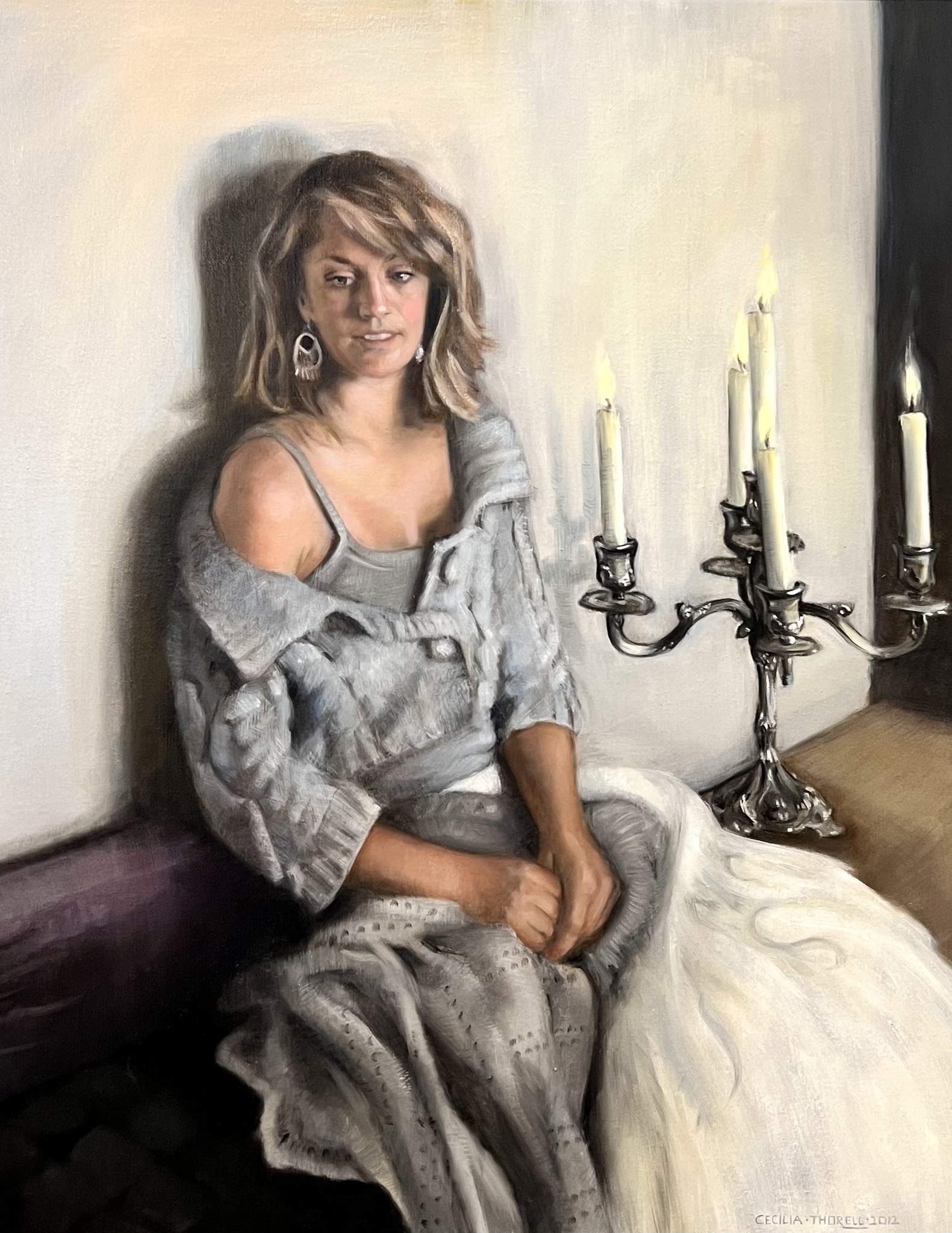 "Girl with Candelabra" Olja på duk av Cecilia Thorell DeVore. 68x82 cm