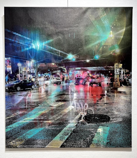 "NYC Streetlife" Blandteknik på duk av Klive. 100x90 cm