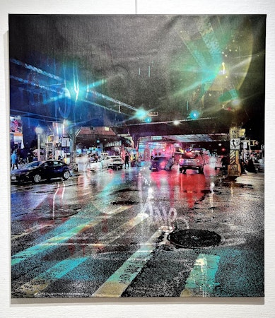 "NYC Streetlife" Blandteknik på duk av Klive. 100x90 cm