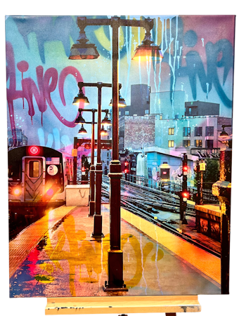 "NYC Subway" blandteknik på duk av Klive. 80x100 cm
