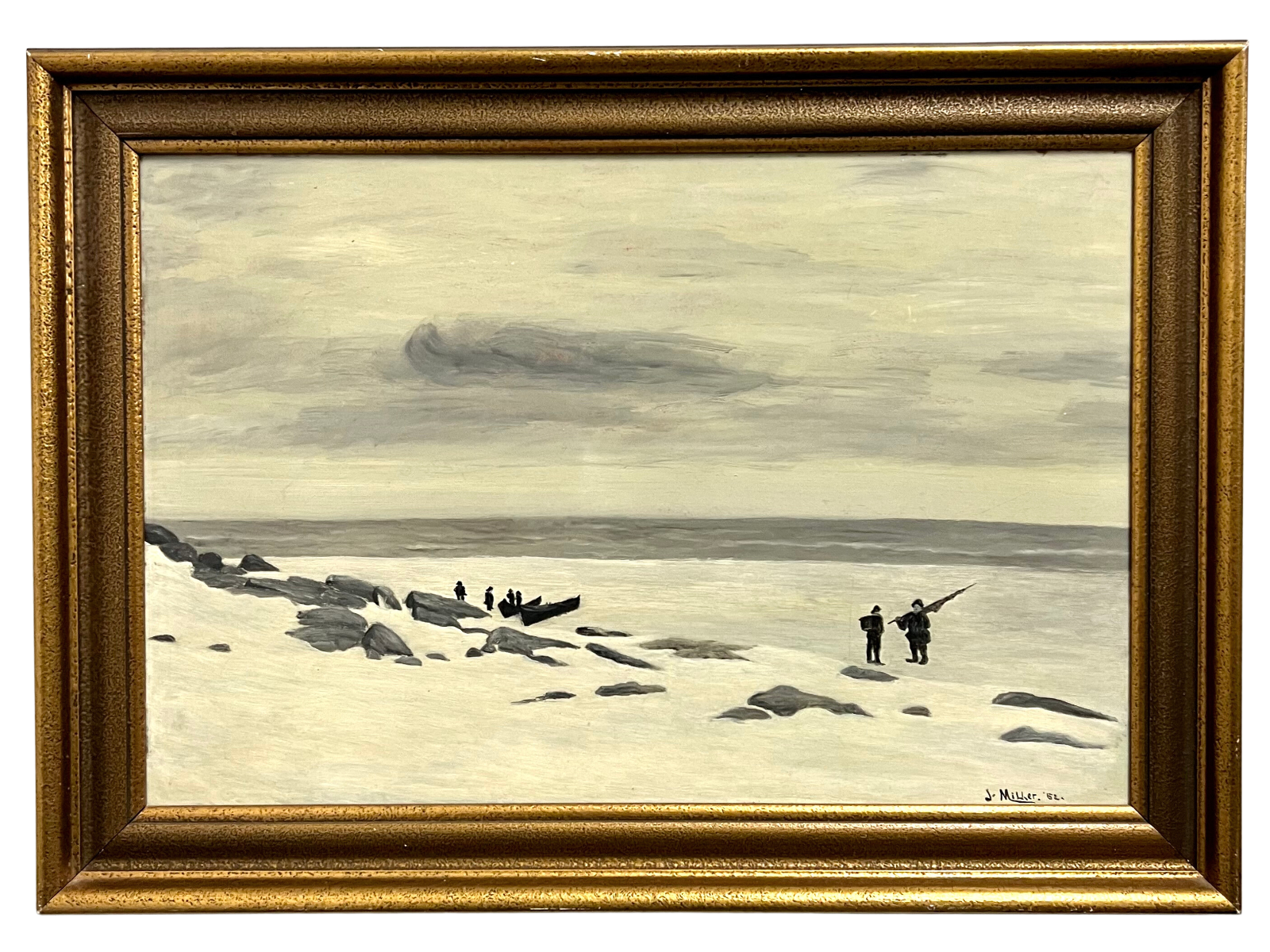 John Miller - Fiskare på snötäckt strand, 1952, Olja på duk. 71x51 cm