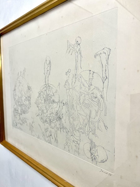 Svartvit surrealistisk etsning av Dado. 68x53 cm