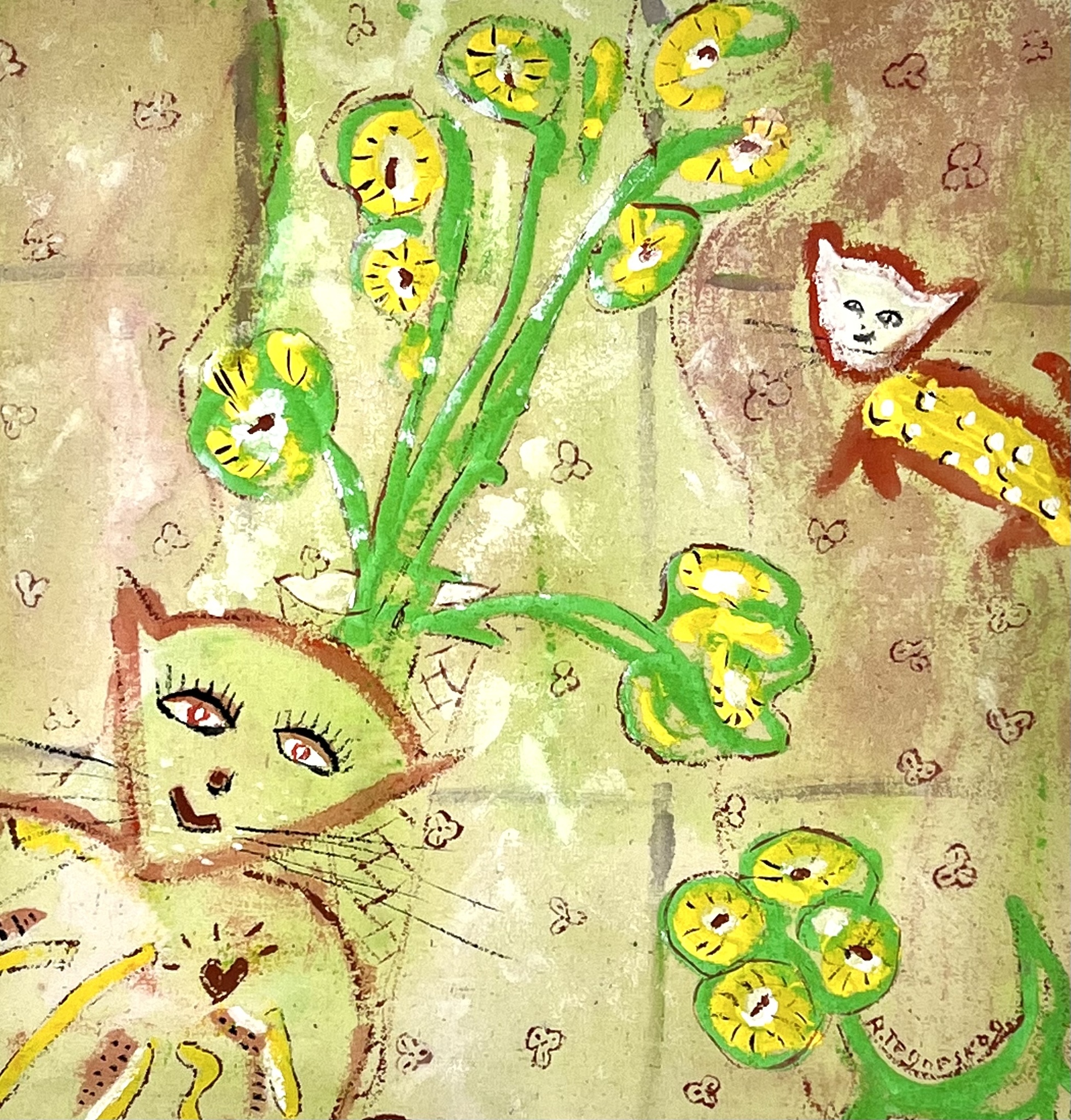 "Katter i blomsterlandet!"  Akvarell av Ronny Tegneskog. 46x46 cm