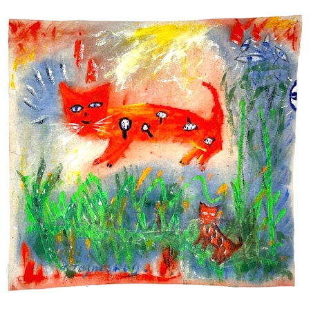 "En kattastråf på ängen"  Akvarell av Ronny Tegneskog. 46x46 cm