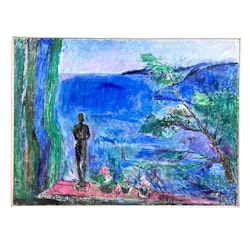 "Statyn vid kusten" Olja på duk av Irene K:son Ullberg. 92x70 cm