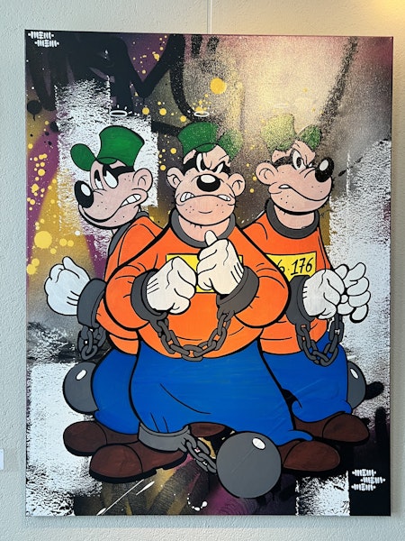 "Beagle Boys" Blandteknik på duk av Mike Blomqvist. 76x100 cm