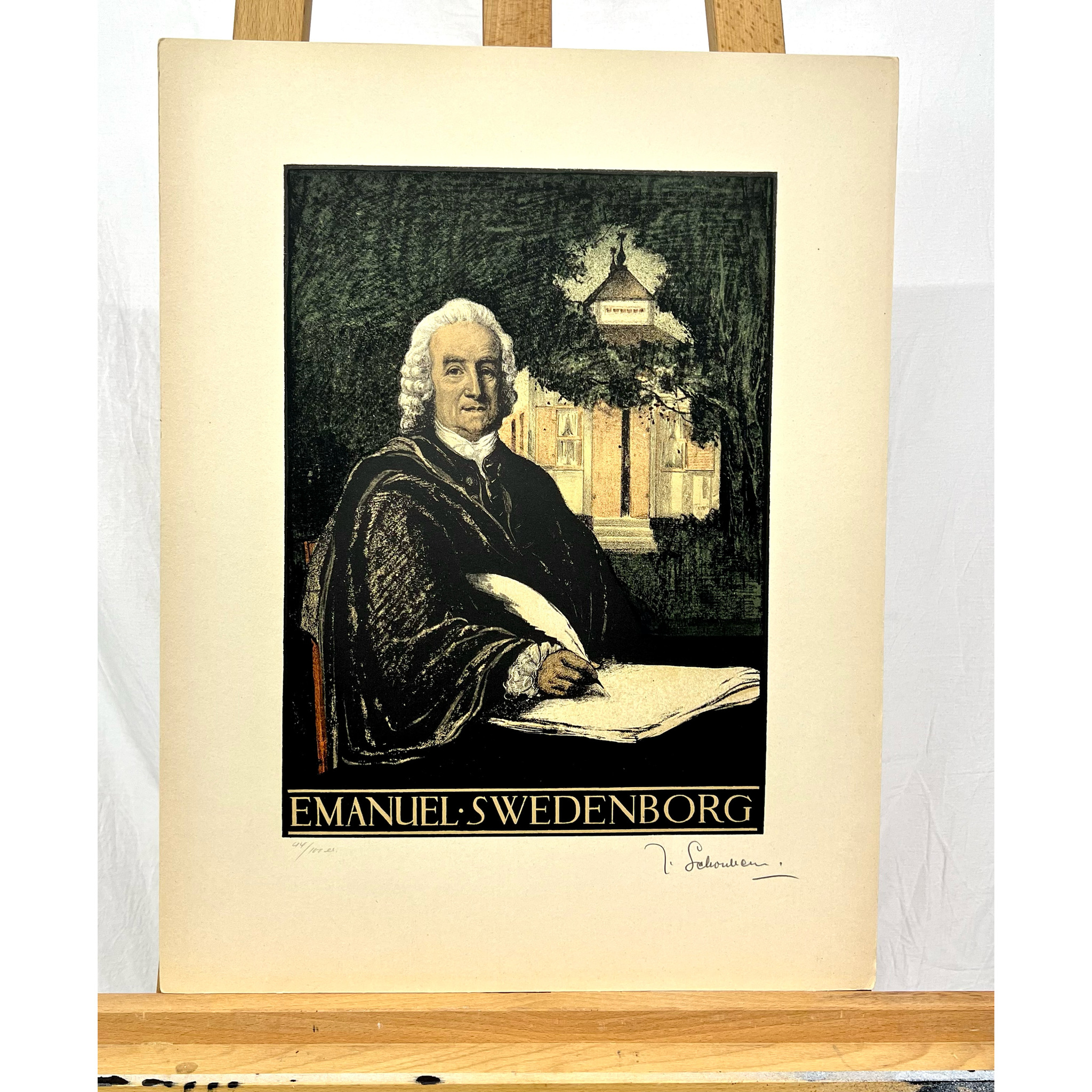 "Emanuel Swedenborg" Grafisk blad av Thorsten Schonberg ur mappen "Svenska Stormän". Nr 44/100. 40x52 cm