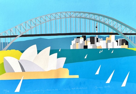 "Dreaming and sailing down under. Sydney and Auckland" Serigrafi av Franco Costa. 100x70 cm.