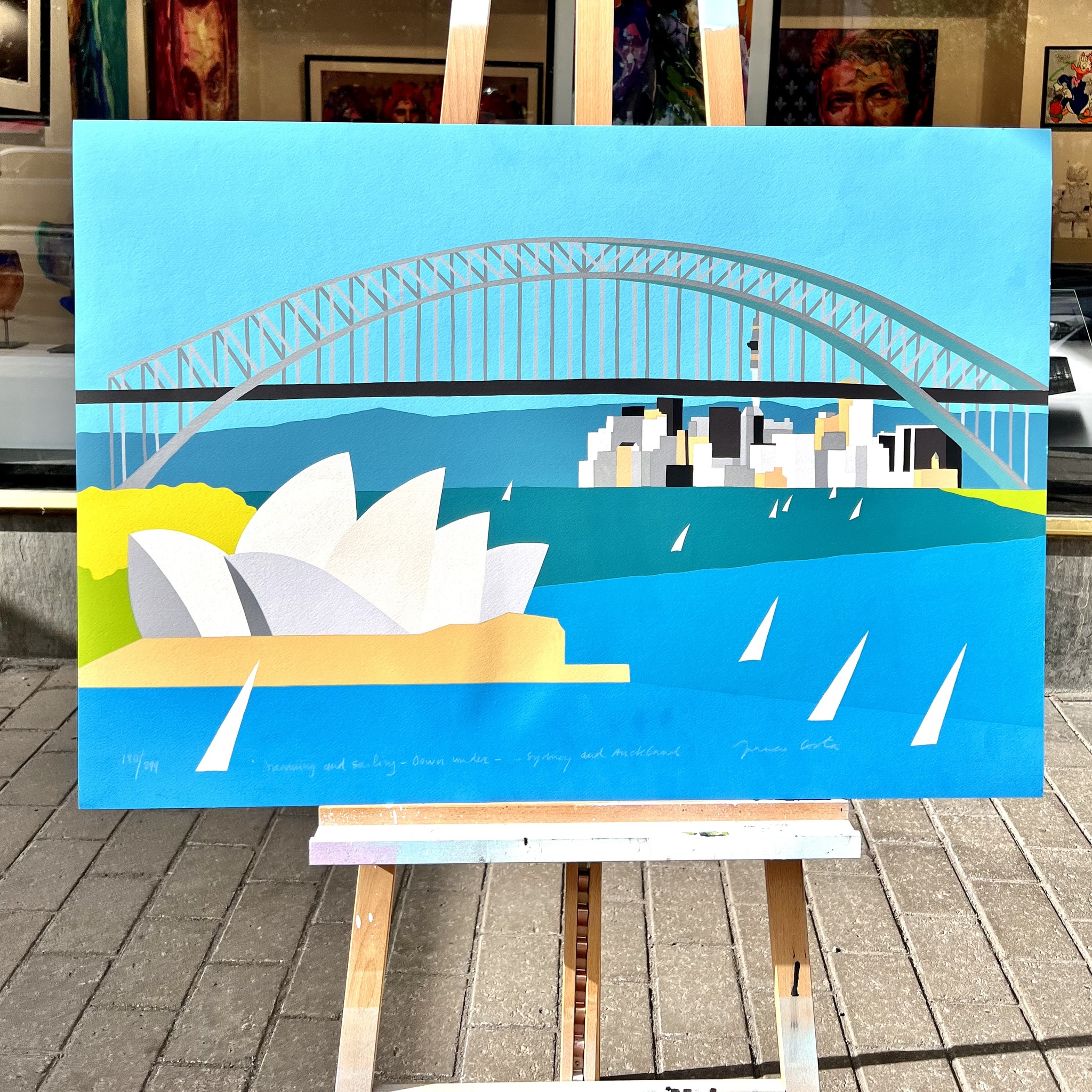 "Dreaming and sailing down under. Sydney and Auckland" Serigrafi av Franco Costa. 100x70 cm.