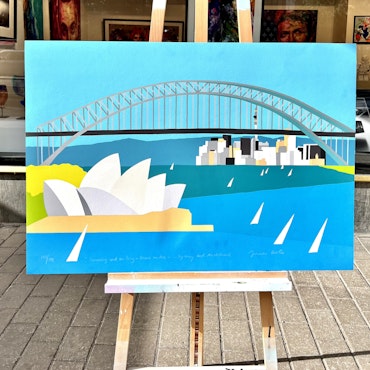 "Dreaming and sailing down under. Sydney and Auckland" Serigrafi av Franco Costa. 100x70 cm.