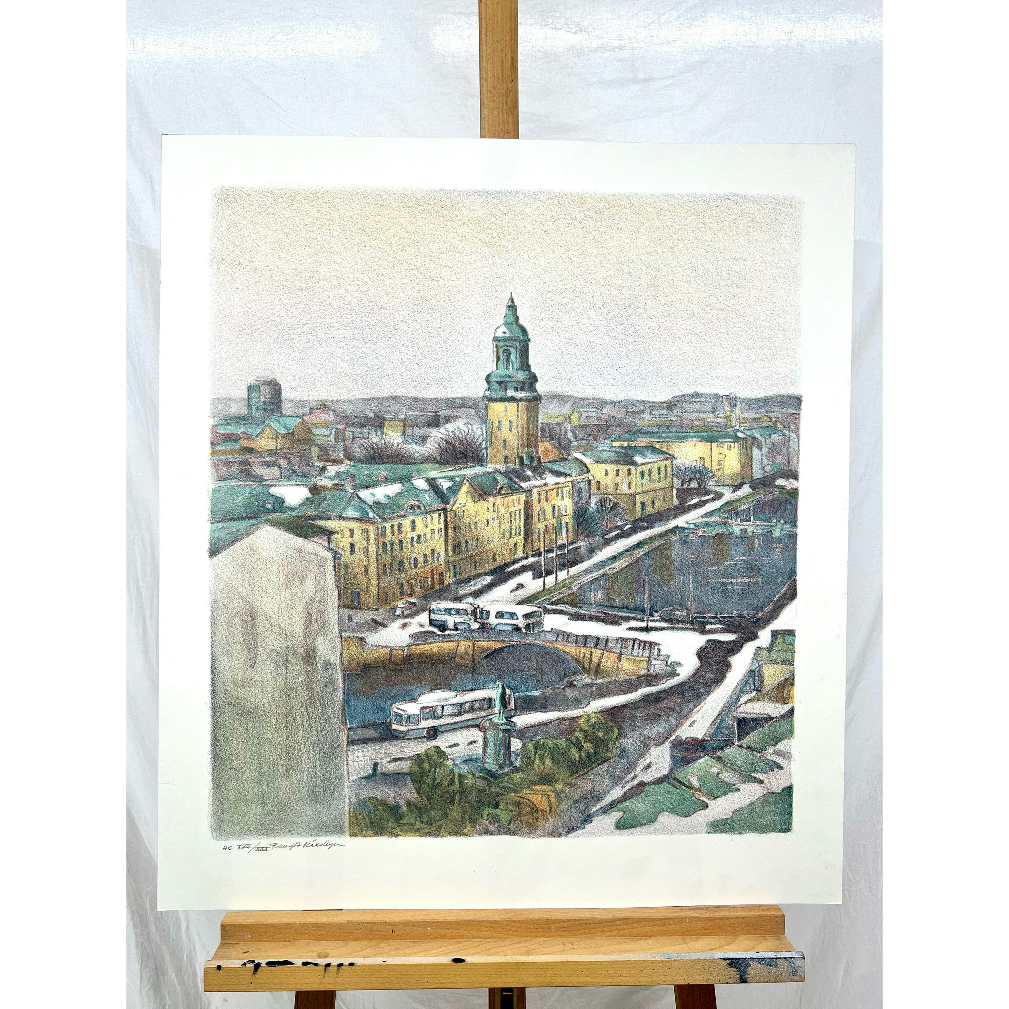 "Norra Hamngatan, Göteborg" Litografi av Bengt Andersson Råssbyn. 68x76 cm