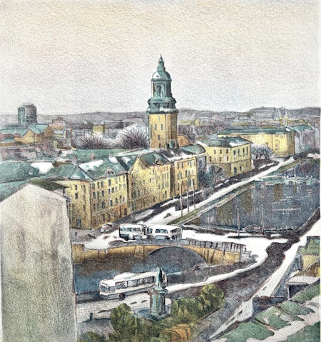 "Norra Hamngatan, Göteborg" Litografi av Bengt Andersson Råssbyn. 68x76 cm