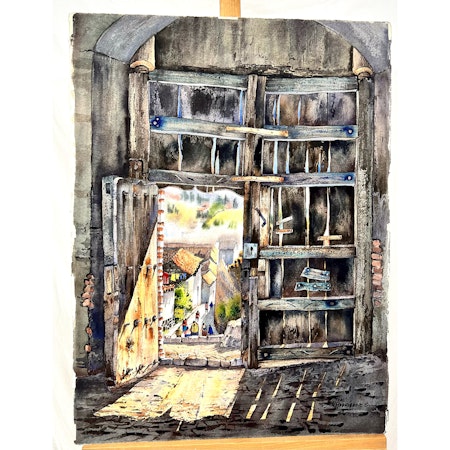 "Colonial reminiscence" Akvarell av José Rodriguez Sanches. 57x76 cm