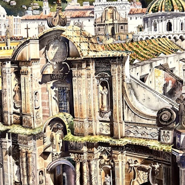 "Domkyrkan i Quito" Akvarell av José Rodriguez Sanches. 57x76 cm