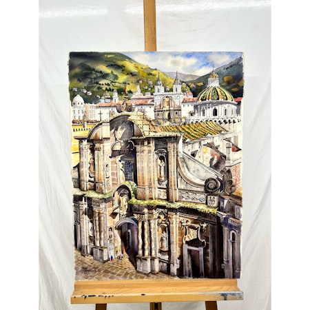 "Domkyrkan i Quito" Akvarell av José Rodriguez Sanches. 57x76 cm