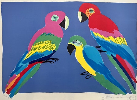 Walasse Ting, "Three Parrots", litografi signerad, numrerad, daterad -79. 75,5x55,5 cm cm
