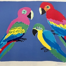 Walasse Ting, "Three Parrots", litografi signerad, numrerad, daterad -79. 75,5x55,5 cm cm