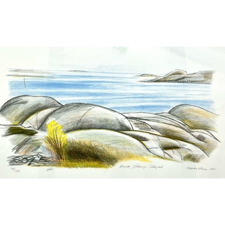 Ingvar Olson, "Rörvik, Göteborgs skärgård" litografi, signerad, numrerad (plåt) 166/270. daterad 1980. 3,x46 cm, obs skada