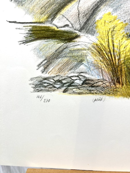 Ingvar Olson, "Rörvik, Göteborgs skärgård" litografi, signerad, numrerad (plåt) 166/270. daterad 1980. 3,x46 cm, obs skada