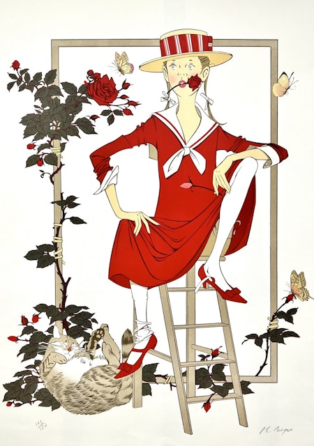 Philippe Henri Noyer, "Girl with cat" litografi. Signerad, numrerad 163/180. 64x89 cm