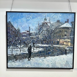 6. "Järntorget after snowr" Olja på duk av John Ma. 124x103 cm