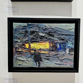 13. "Fish shop in the dark" Olja på duk av John Ma. 38x30 cm