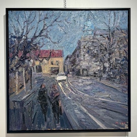 30. "Winter afternoon on Magasinsgatan" Olja på duk av John Ma. 103x103 cm