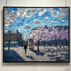 "Järntorget with cherry blossoms" Olja på duk av John Ma. 124x103 cm