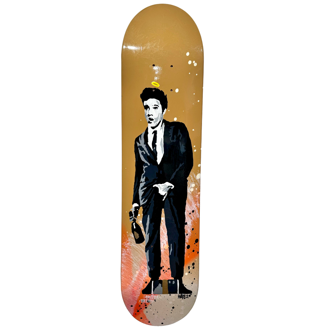 "Elvis" Blandteknik på skateboard av Mike Blomqvist, 20x80 cm