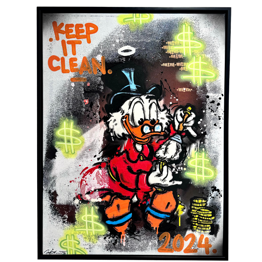 "Keep it clean" Blandteknik på duk av Mike Blomqvist, 63x83 cm