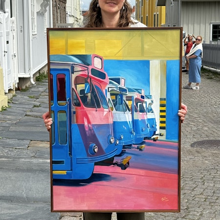 "Vagnhallen" - Olja på linneduk av Elin Östberg, 70x100 cm