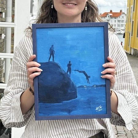 "Kvällsdopp" - Olja på linneduk av Elin Östberg, 33x27 cm