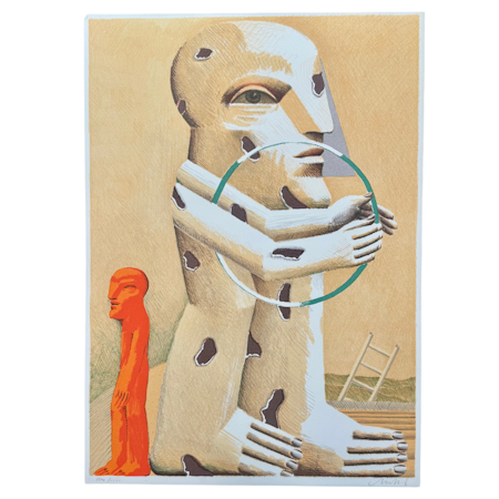 Holst Antes, "Gefleckte Figur mit Reif, kleiner Figur und Leiter" Litografi,numrerad, signerad  -1982. 30x42 cm