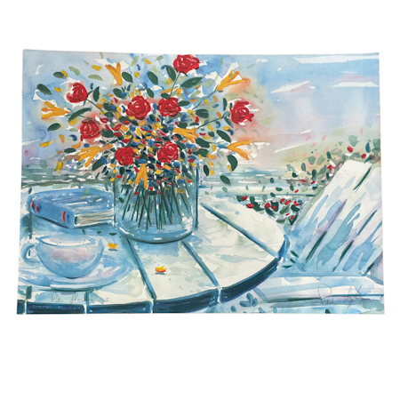 "Patio Flowers I", akvarell av okänd konstnär, 67,5x49,5 cm.