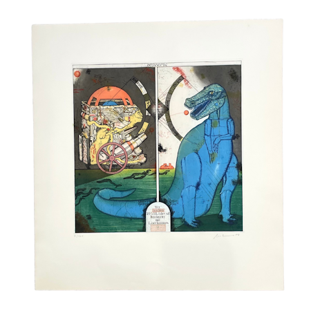 "Vem sköt på dinosaurier med laserkanoner för 120 miljoner år sedan?", etsning av Uwe Bremer ur mappen Atlantis, 70x75 cm.