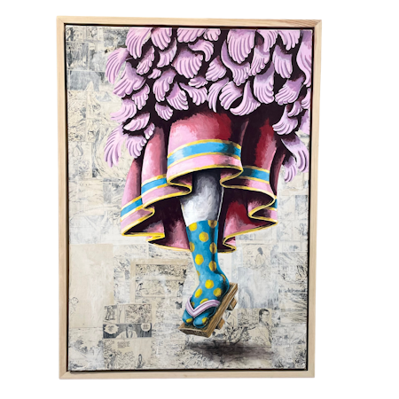 Polka dots and träskor, Blandteknik på duk av Viktor Jusi Palm, 75x105 cm