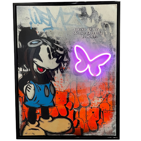 Flying is my 2n fav f-word, Blandteknik på duk med neon av Mike Blomqvist, 83x63 cm