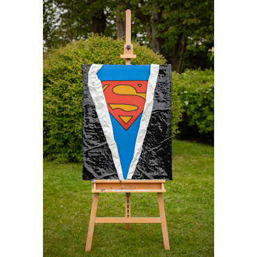 Superman, Mixed media av Adam Ström. 90 x 70 cm. Tavla, del av serien Wrapped