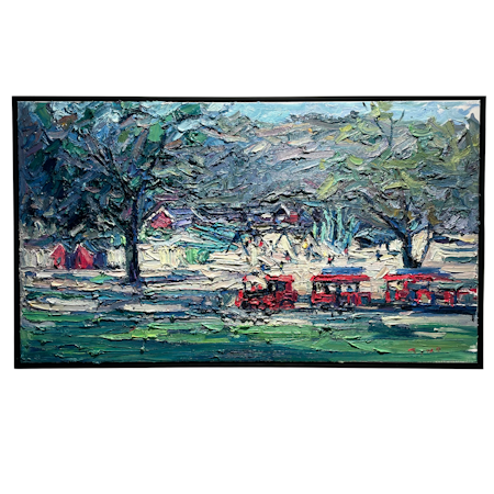 Tåg i Slottskogen, olja på duk av John Ma, 143,5x83 cm