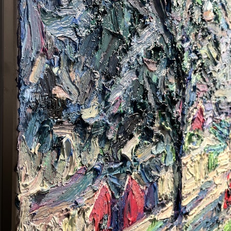 Tåg i Slottskogen, olja på duk av John Ma, 143,5x83 cm