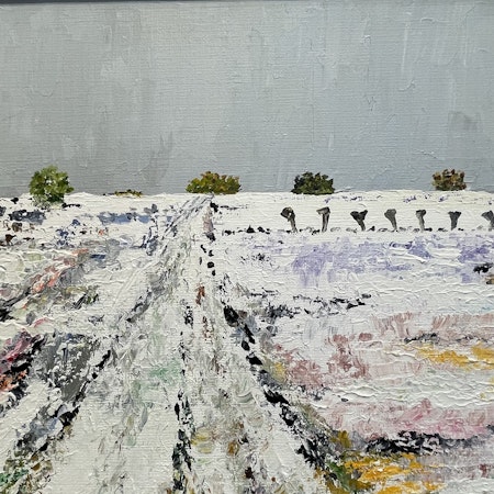 Härlig Vinterdag, Akryl/kniv på linneduk av Kjel Nilsson Tomelilla, 60x50 cm