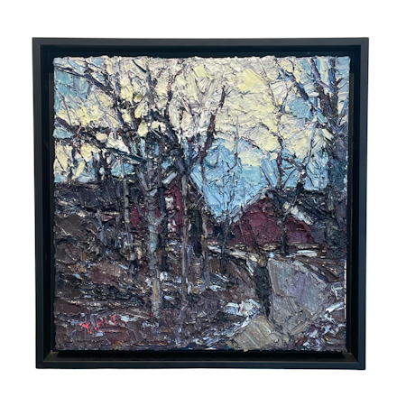 Cabins in the Wood, Olja på duk av John Ma, 45x45 cm