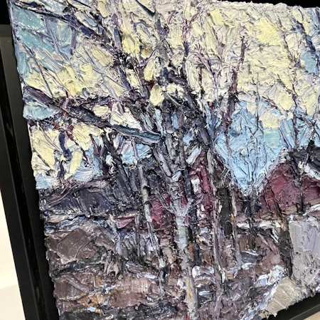 Cabins in the Wood, Olja på duk av John Ma, 45x45 cm