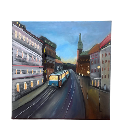 Känn ingen sorg för mig Göteborg, Olja på duk av Lasse Kronér, 40x40 cm