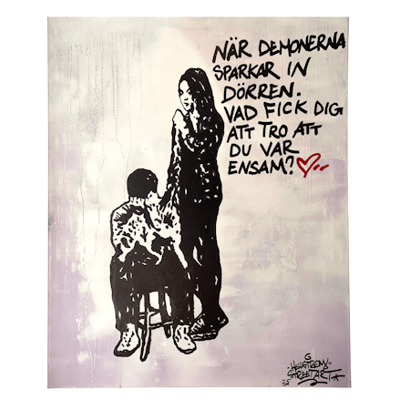 När demonerna sparkar..., Blandteknik på duk av Hellstrom Street Art, 80x100 cm