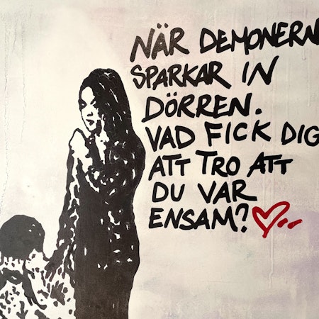 När demonerna sparkar..., Blandteknik på duk av Hellstrom Street Art, 80x100 cm